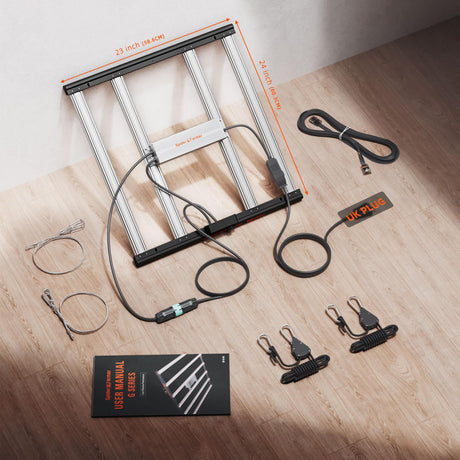 Spidefarmer G3000 LED grow light with cables and accessories on a wooden surface