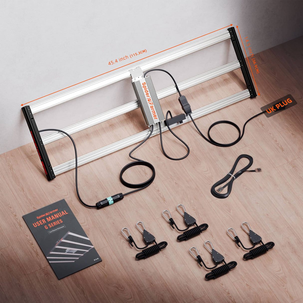 Spider Farmer G4500 320W LED grow light setup with power adapter, cables, and user manual on a wooden surface