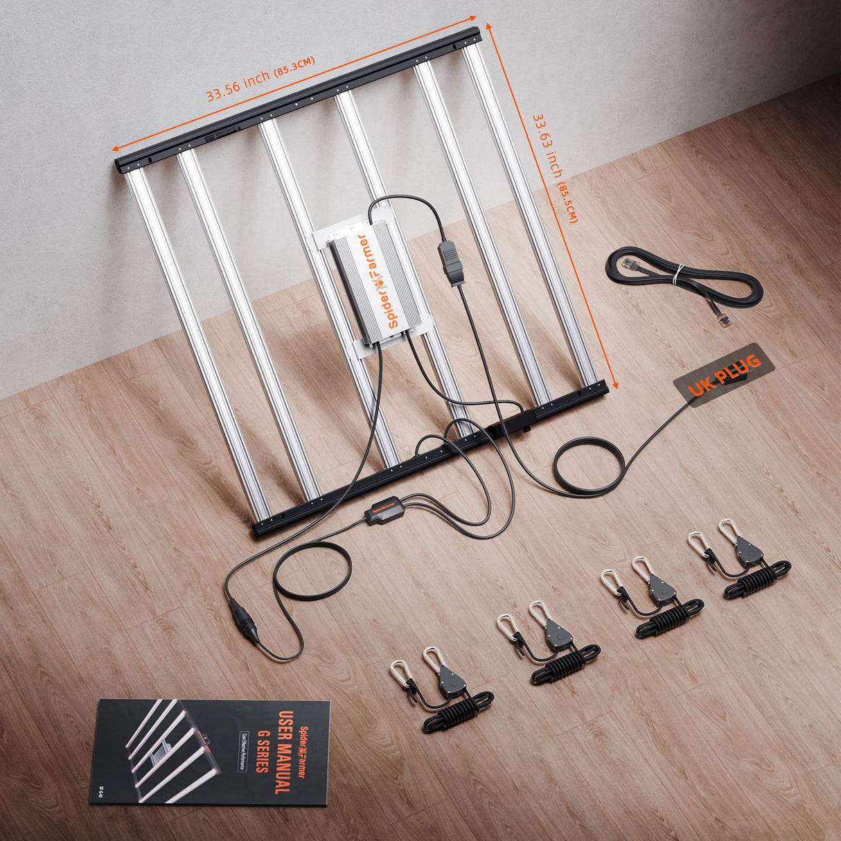 Spider Farmer G5000 480w LED Grow Light with accessories on a wooden surface