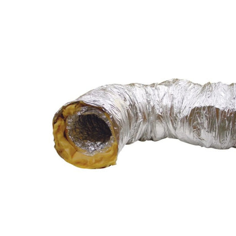 A close-up of a flexible duct pipe with a shiny silver aluminum foil exterior and a brown insulating material lining the inner tube, shown against a plain white background.