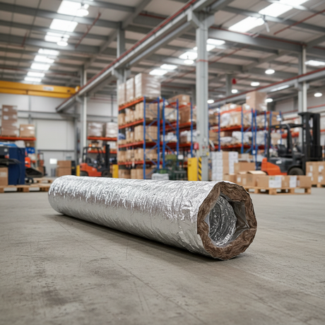 A length of reflective silver insulated ducting with a brown core, positioned on a concrete floor in a warehouse setting with shelving and forklifts in the background.