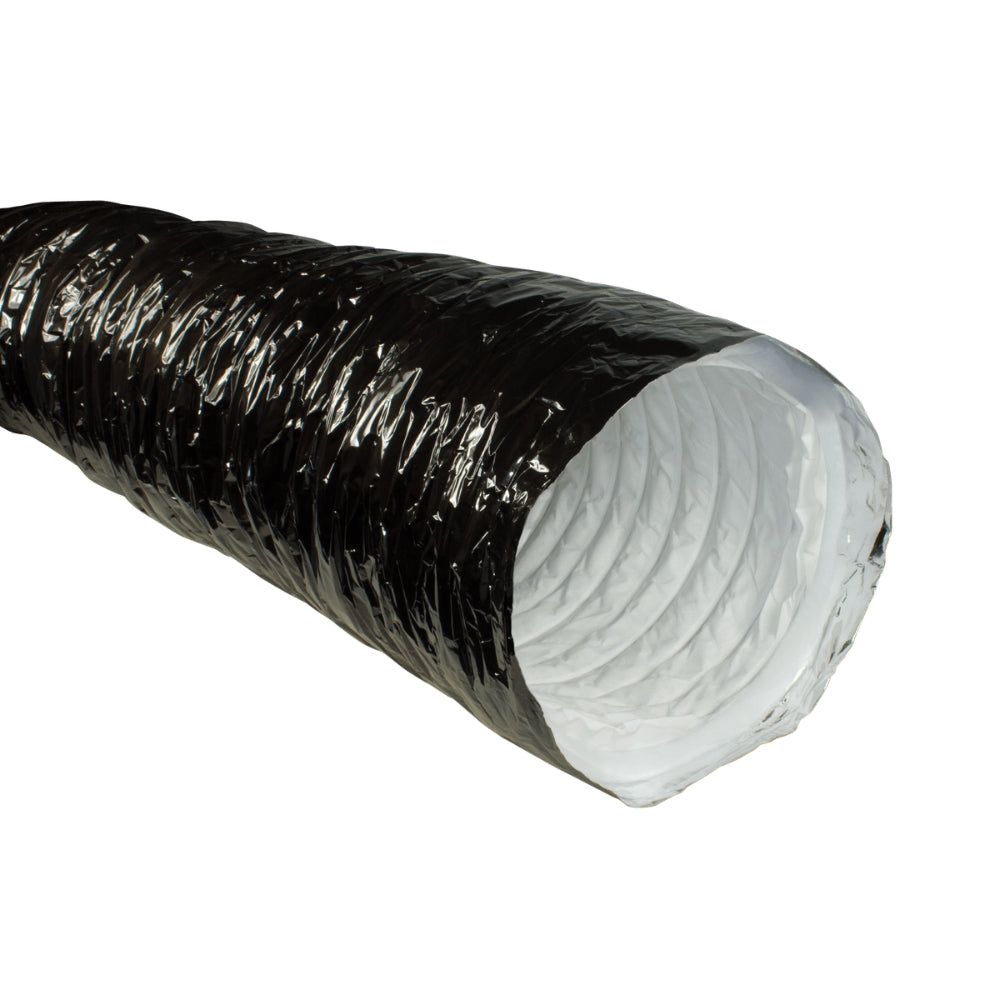 A black flexible PhonicTrap duct tube with a textured, crinkled exterior and a white ribbed interior, shown on a plain white background.