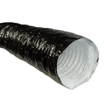 A black flexible PhonicTrap duct tube with a textured, crinkled exterior and a white ribbed interior, shown on a plain white background.