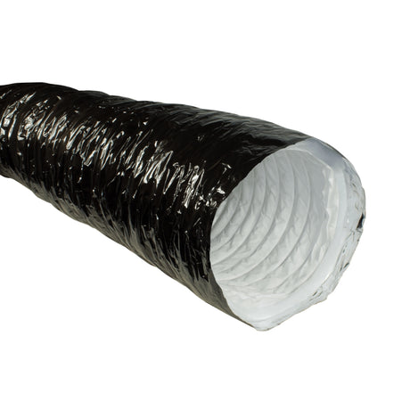 A black flexible PhonicTrap duct tube with a textured, crinkled exterior and a white ribbed interior, shown on a plain white background.