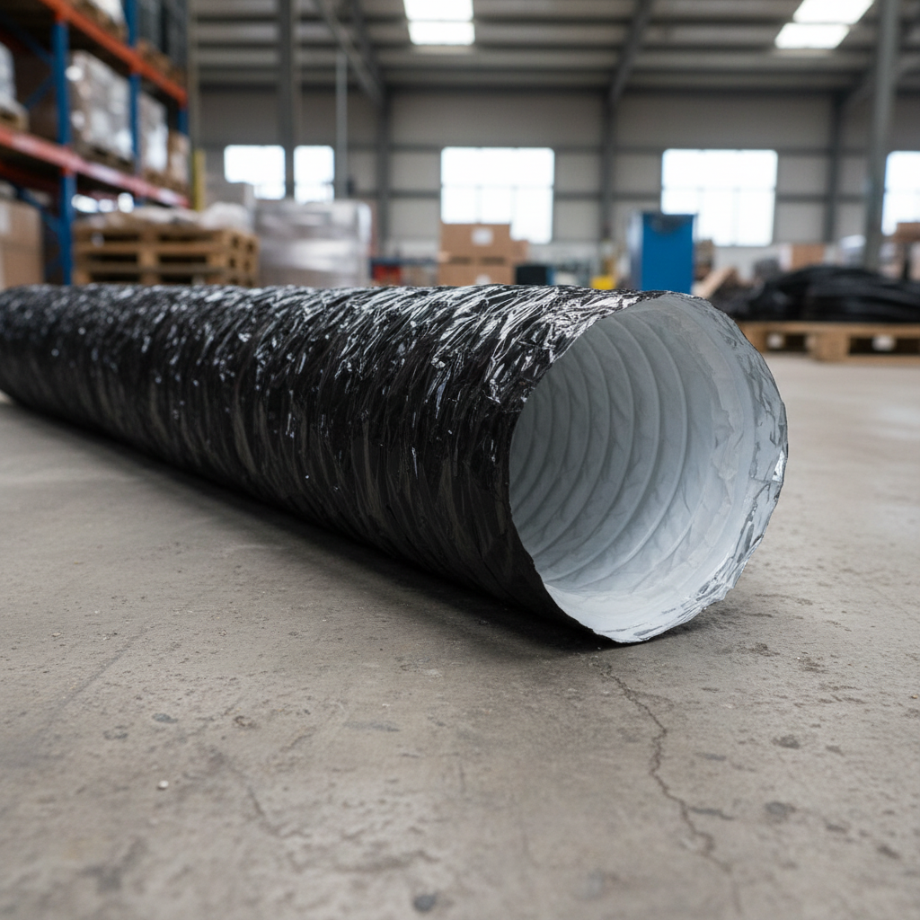 A black flexible PhonicTrap duct tube with a textured, crinkled exterior and a white ribbed interior, laid diagonally on a concrete floor inside a warehouse.