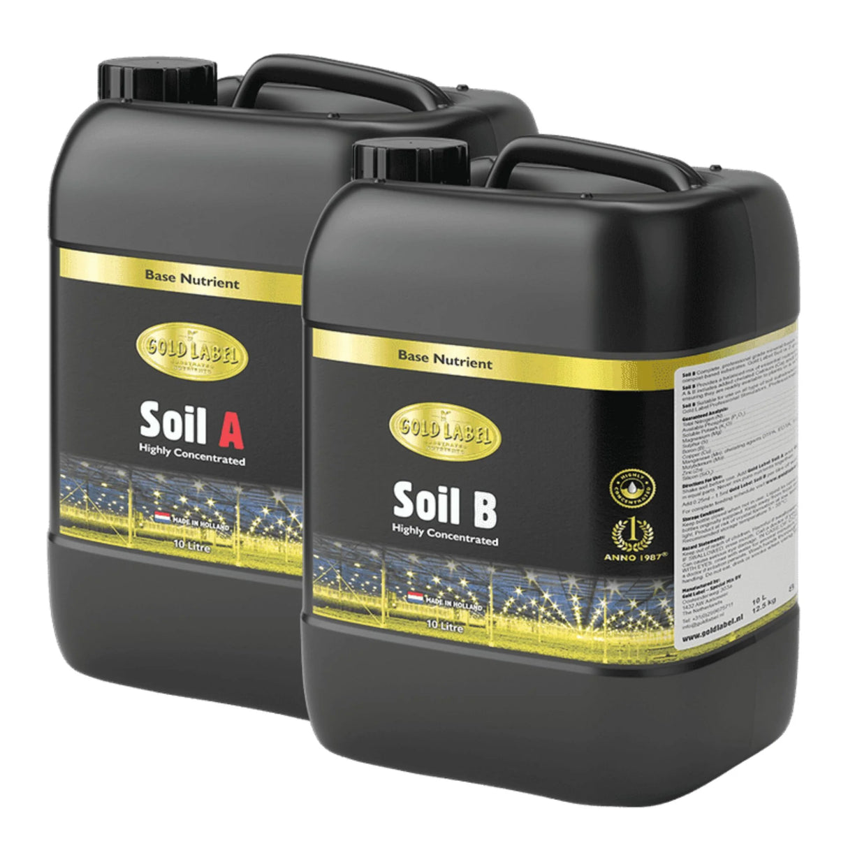 Two black containers labeled 'Soil A' and 'Soil B' with gold labels on a white background.