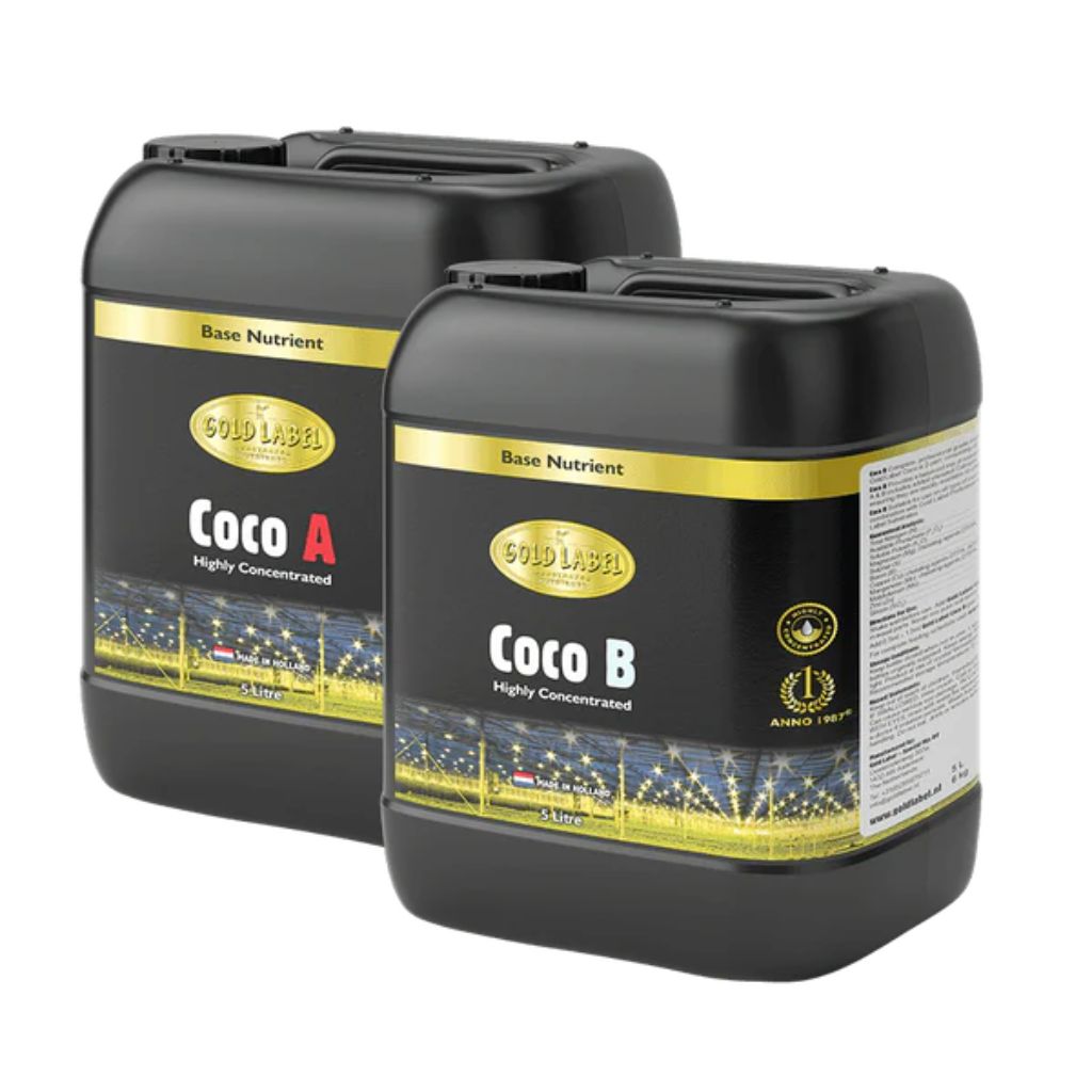 Two black containers labeled 'Coco A' and 'Coco B' with Gold Label branding on a white background.