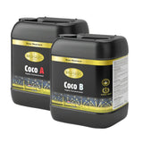 Two black containers labeled 'Coco A' and 'Coco B' with Gold Label branding on a white background.