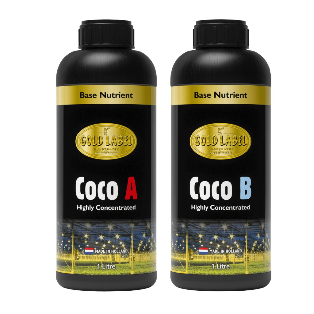 Two bottles of Gold Label Coco A and Coco B base nutrients on a white background