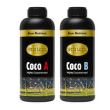 Two bottles of Gold Label Coco A and Coco B base nutrients on a white background