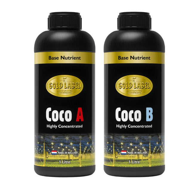 Two bottles of Gold Label Coco A and Coco B base nutrients on a white background