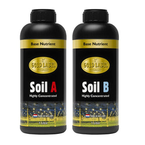 Two bottles of Gold Label Base Nutrient Soil A and Soil B on a white background