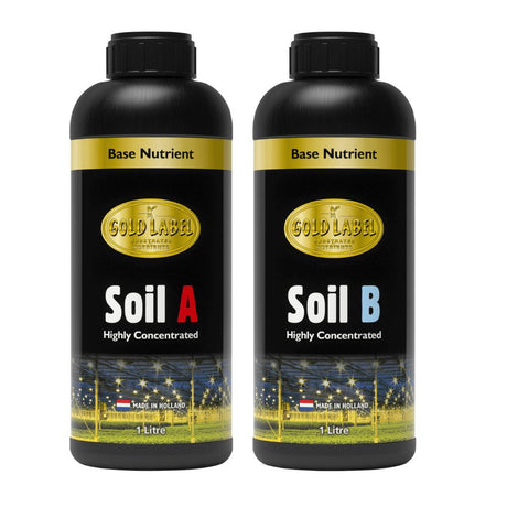 Two bottles of Gold Label Base Nutrient Soil A and Soil B on a white background