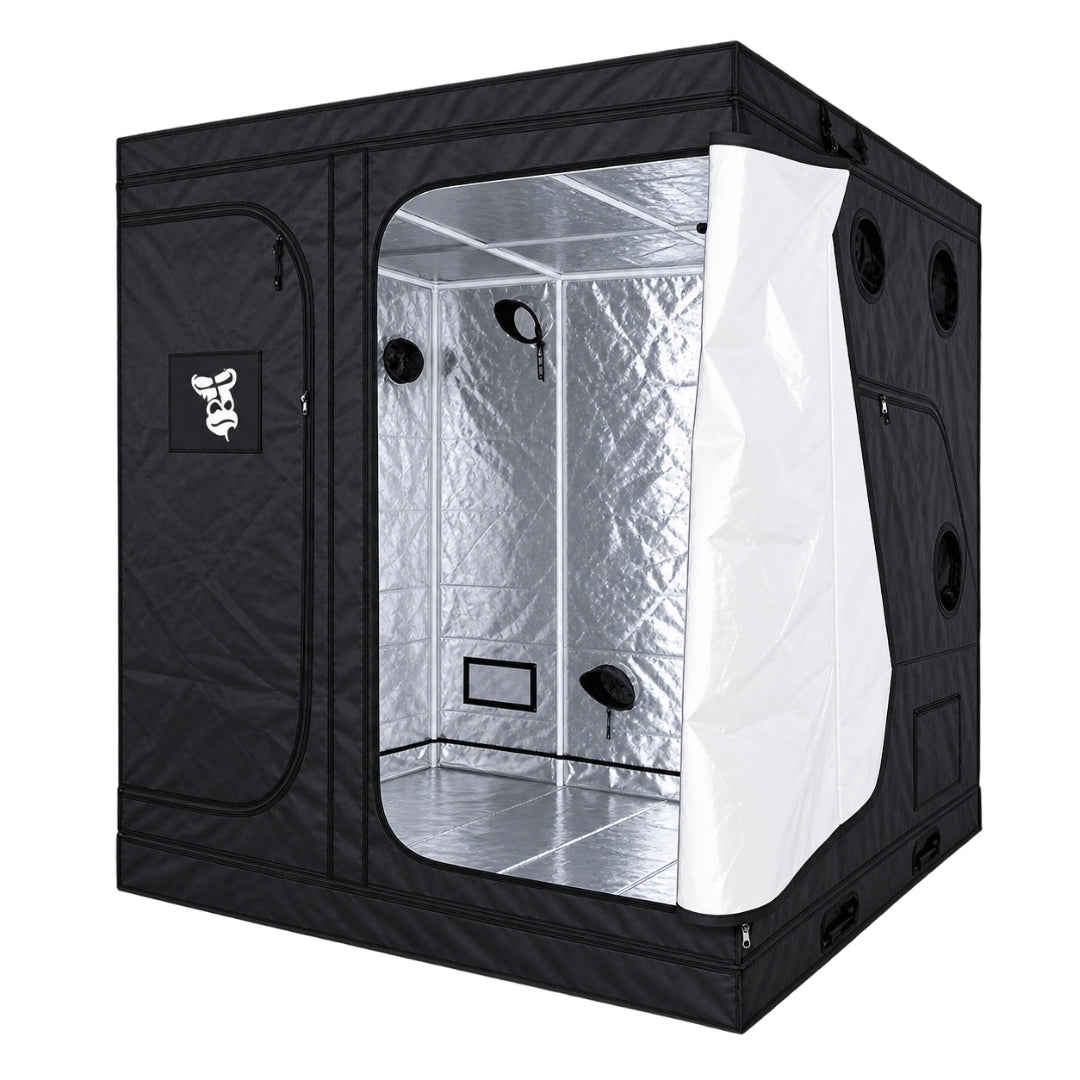 A black GorillaBox Deluxe grow tent with a silver reflective interior and a white door panel, shown on a plain white background.