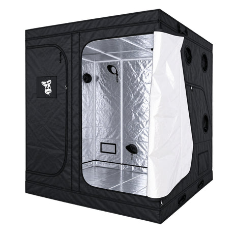 A black GorillaBox Deluxe grow tent with a silver reflective interior and a white door panel, shown on a plain white background.