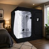 A black Gorilla Growbox Deluxe grow tent measuring 2m x 2m x 2.2m set up in a bedroom.
