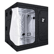 A black GorillaBox Deluxe grow tent measuring 2m-2m-2.2m with a reflective silver interior, shown with the front door partially open. The tent features a zippered side pocket with a small gorilla logo patch and ventilation holes on the side.
