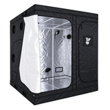 A black GorillaBox Deluxe grow tent measuring 2m-2m-2.2m with a reflective silver interior, shown with the front door partially open. The tent features a zippered side pocket with a small gorilla logo patch and ventilation holes on the side.