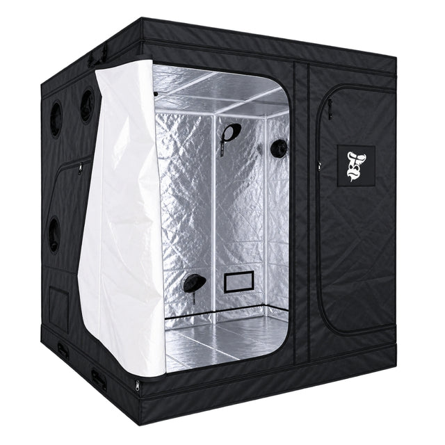 A black GorillaBox Deluxe grow tent measuring 2m-2m-2.2m with a reflective silver interior, shown with the front door partially open. The tent features a zippered side pocket with a small gorilla logo patch and ventilation holes on the side.