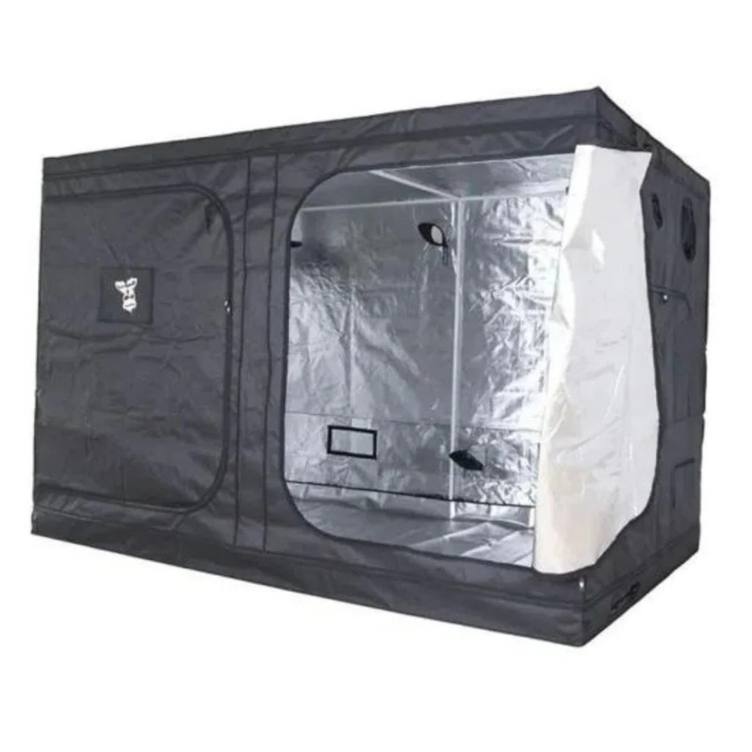 A black GorillaBox Deluxe grow tent measuring 5m-4m-2.2m with a reflective silver interior, shown on a plain white background.