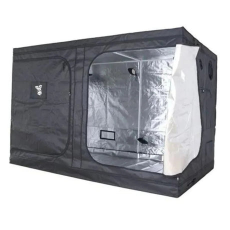 A black GorillaBox Deluxe grow tent measuring 5m-4m-2.2m with a reflective silver interior, shown on a plain white background.