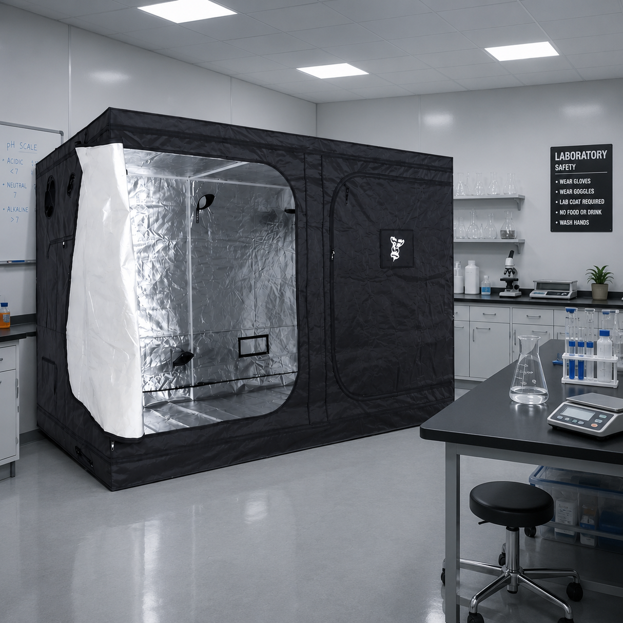 A black GorillaBox Deluxe grow tent measuring 5m-4m-2.2m with a reflective silver interior and a white front flap, set up in a clean laboratory or studio space with tables, cabinets, and equipment visible.