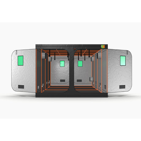 Green-Qube: GQ4080L - 4m x 8m x 2.2m hydroponic grow tent with open doors showing ducting ports