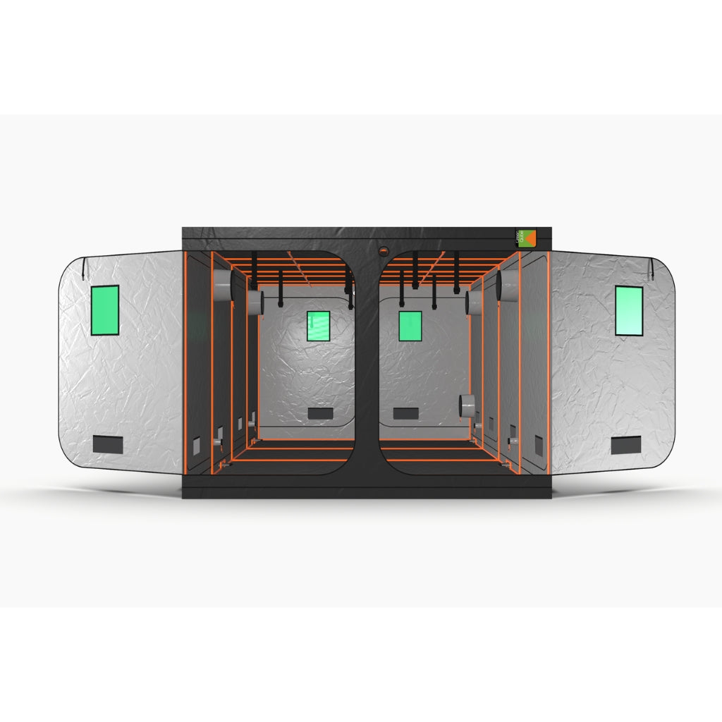 Green-Qube: GQ4080L - 4m x 8m x 2.2m hydroponic grow tent with open doors showing ducting ports