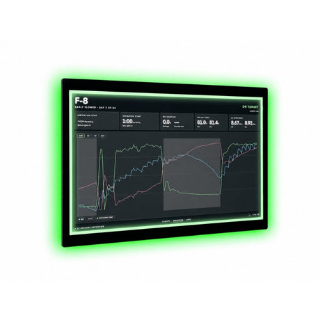 A large black Growlink touchscreen display showing a dark dashboard interface with green glowing border accents and white text, photographed on a plain white background.