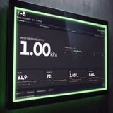 A large black Growlink touchscreen display showing a dark dashboard interface with green glowing border accents and white text.
