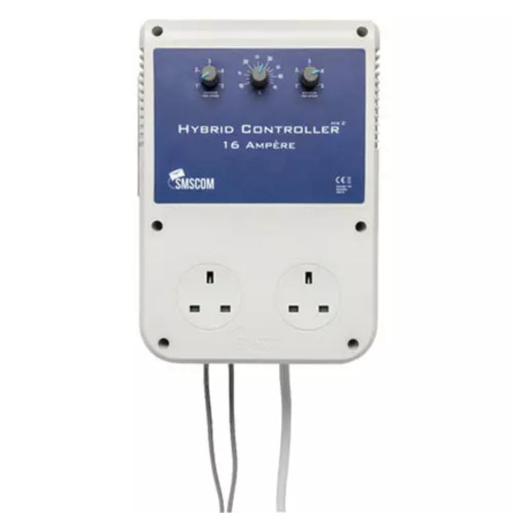 SMSCOM Hybrid Controller 16 Ampere wall-mounted power adapter with dual UK wall outlets and three rotary dials on a blue front panel, shown against a plain white background.