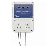 SMSCOM Hybrid Controller 16 Ampere wall-mounted power adapter with dual UK wall outlets and three rotary dials on a blue front panel, shown against a plain white background.