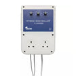 SMSCOM Hybrid Controller 4 Ampere electrical device with dual UK wall outlets, three rotary dials, and a blue front label on a white casing.