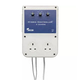 SMSCOM Hybrid Controller 4 Ampere electrical device with dual UK wall outlets, three rotary dials, and a blue front label on a white casing.