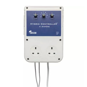 SMSCOM Hybrid Controller 4 Ampere electrical device with dual UK wall outlets, three rotary dials, and a blue front label on a white casing.