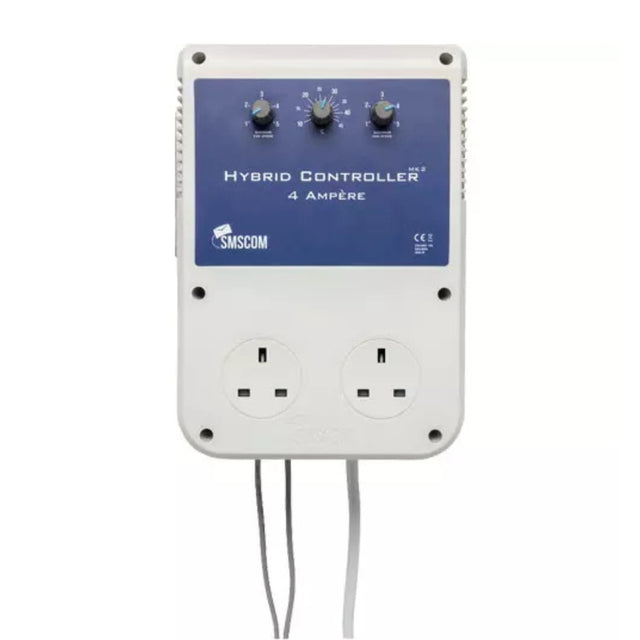 SMSCOM Hybrid Controller 4 Ampere electrical device with dual UK wall outlets, three rotary dials, and a blue front label on a white casing.
