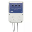 SMSCOM Hybrid Controller 8 Ampère wall-mounted power unit with dual UK-style outlets, three rotary dials on a blue front panel, and gray wire leads extending downward, shown on a white background.
