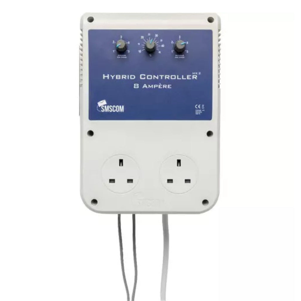 SMSCOM Hybrid Controller 8 Ampère wall-mounted power unit with dual UK-style outlets, three rotary dials on a blue front panel, and gray wire leads extending downward, shown on a white background.