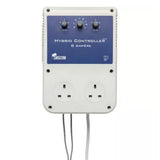 SMSCOM Hybrid Controller 8 Ampère wall-mounted power unit with dual UK-style outlets, three rotary dials on a blue front panel, and gray wire leads extending downward, shown on a white background.