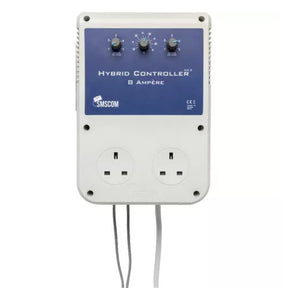 SMSCOM Hybrid Controller 8 Ampère wall-mounted power unit with dual UK-style outlets, three rotary dials on a blue front panel, and gray wire leads extending downward, shown on a white background.