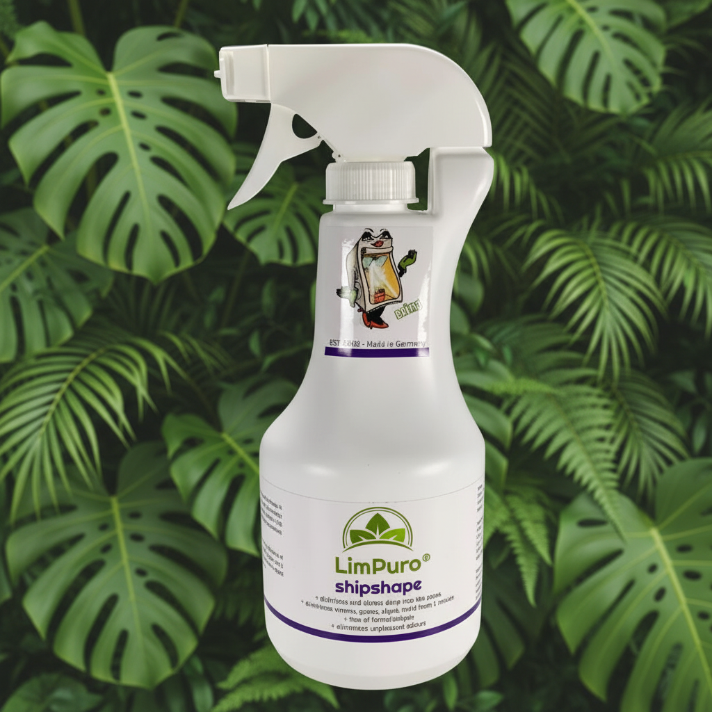 Limpuro spray against a green leafy background