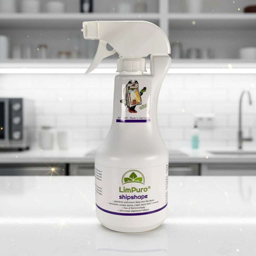 Spray bottle labeled 'LimPuro shipshape' on a kitchen counter.