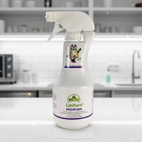 Spray bottle labeled 'LimPuro shipshape' on a kitchen counter.