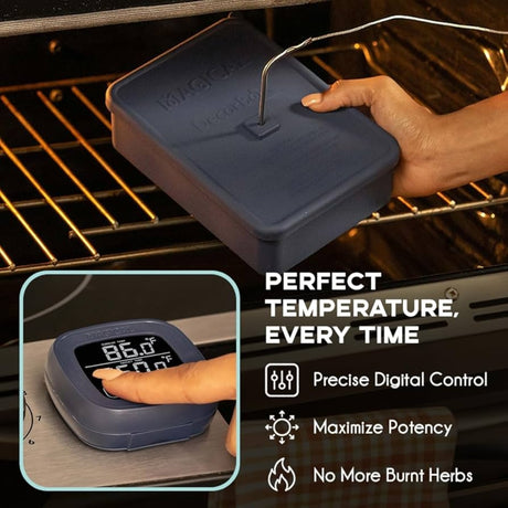 Person using a MAGICAL DECARBOX with digital thermometer in an oven, highlighting precision and control.