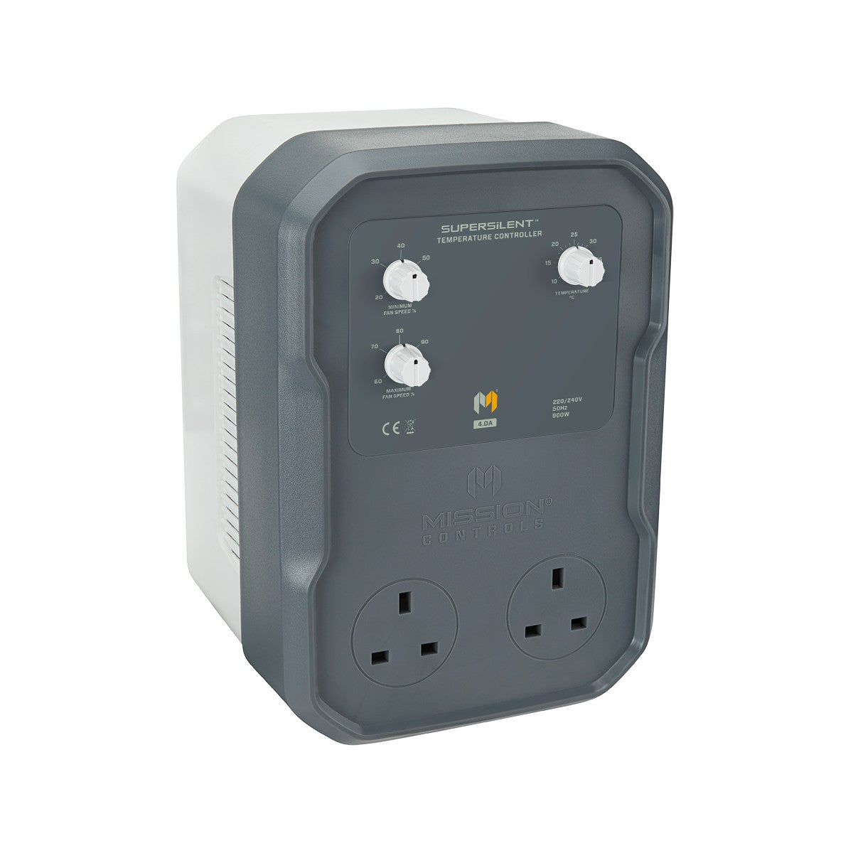 Gray Mission Controls SuperSilent Temperature Controller 4A with two sockets and control knobs on a white background