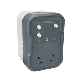 Gray Mission Controls SuperSilent Temperature Controller 4A with two sockets and control knobs on a white background