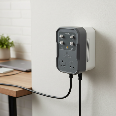 A wall-mounted Mission Control DigiStep Temperature Controller with two UK-style wall outlets and four control knobs, shown plugged into a wall in a home office setting.
