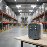 A Mission Control DigiStep Temperature Controller with dual UK-style wall outlets sits on a light wood table in the foreground, with a blurred warehouse aisle and shelving in the background.