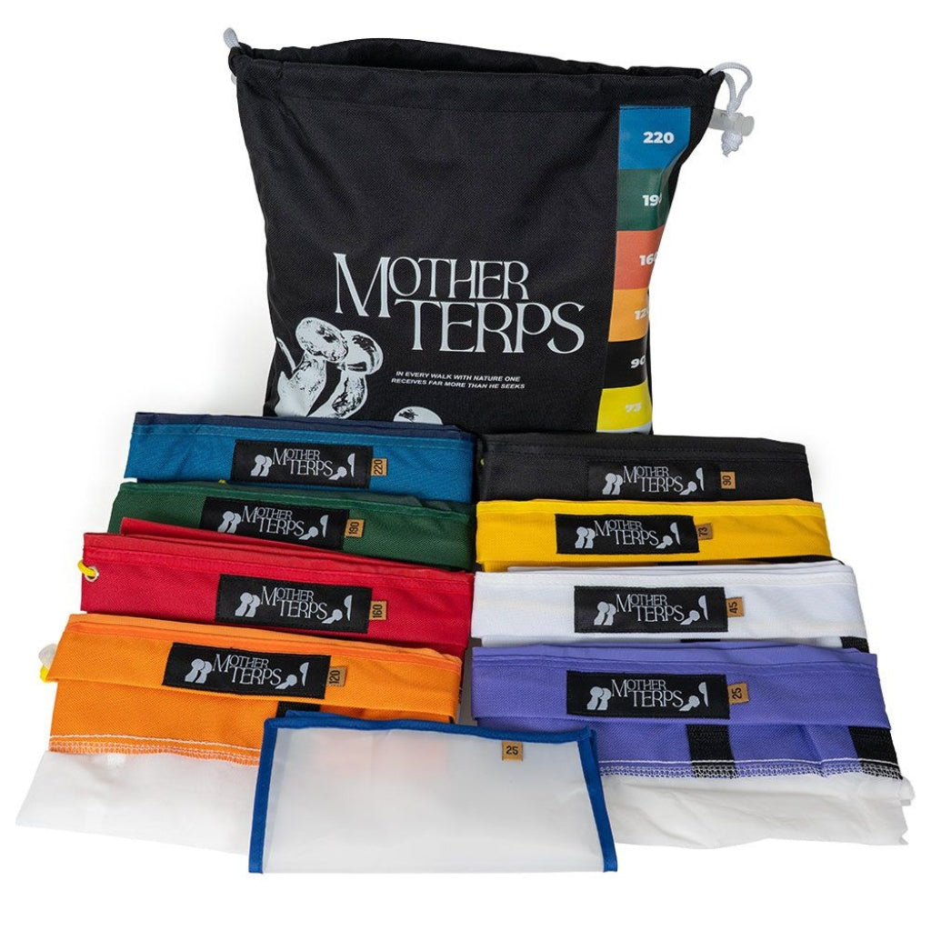A set of Mother Terps reusable Bubble Bags and a black drawstring storage bag, displayed on a clean white background. The set includes bags in multiple colors (blue, green, red, orange, black, yellow, white, purple) and a clear pad with a blue border.