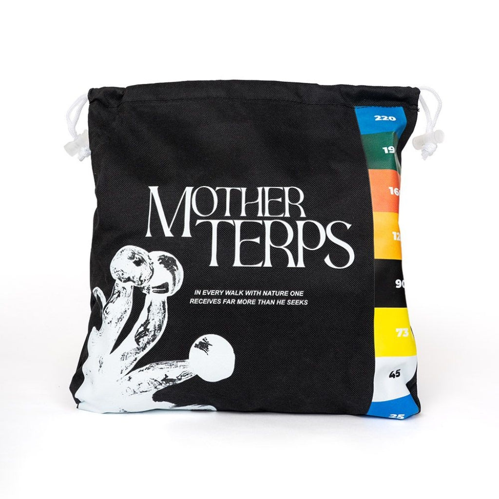 A black Mother Terps drawstring bag with white text reading 'MOTHER TERPS' and a white abstract illustration, plus a vertical multicolor side panel with numbers, on a white background.